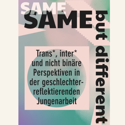 Titelbild der Broschüre SAMESAME – BUT DIFFERENT. Trans*, inter* und nicht-binäre Perspektiven in der geschlechterreflektierenden Jungenarbeit, Hintergrundfarben verwaschen: beige, türkis, lila  